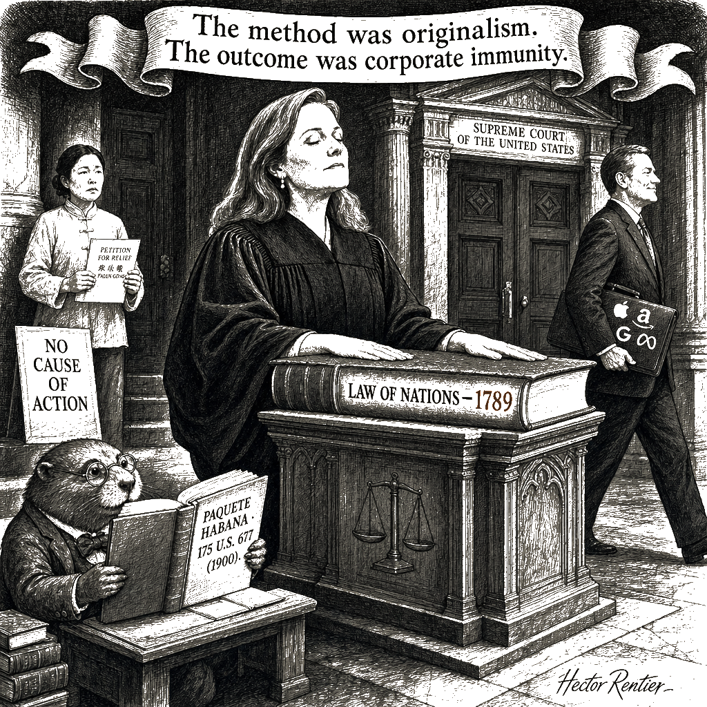 Editorial cartoon by Hector Rentier: The Court Has Just Licensed American Tech to Aid Foreign Torturers