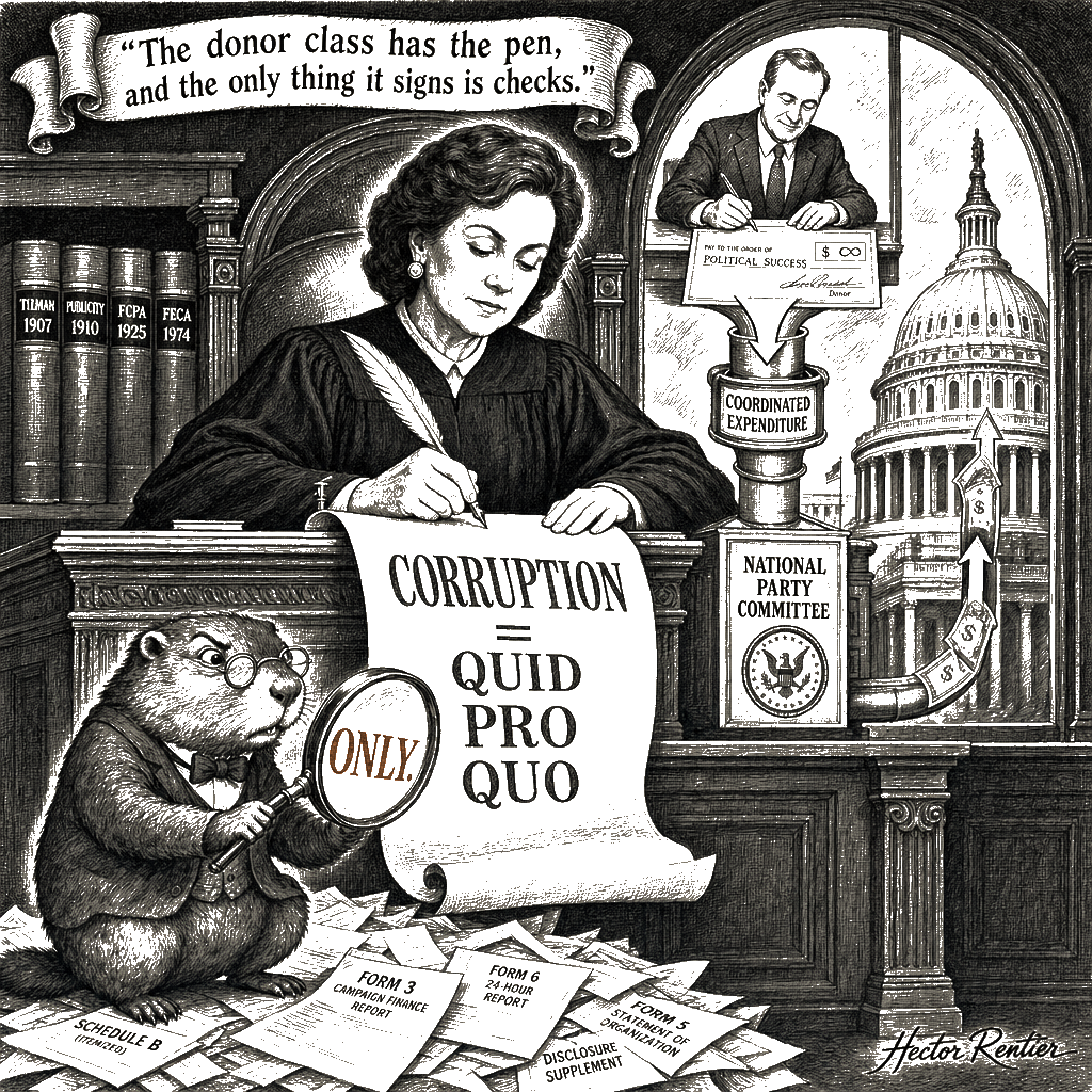 Editorial cartoon by Hector Rentier: The Court Outlaws Fighting Corruption