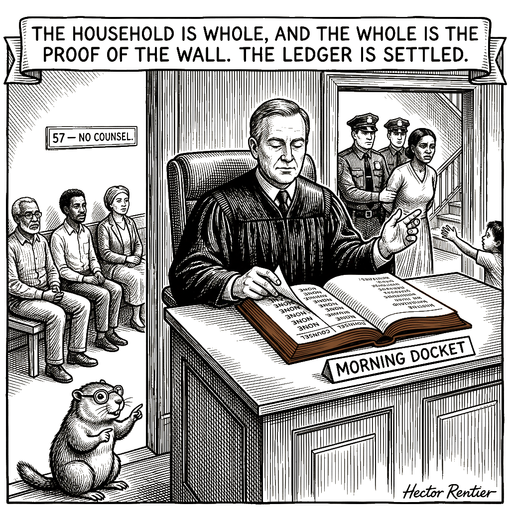Editorial cartoon by Hector Rentier: The Courtroom's Sort, and the Woman the Docket Returned