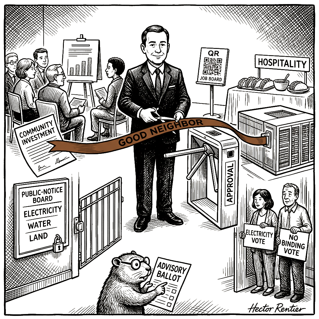 Editorial cartoon by Hector Rentier: The Data Center Open House Is the New NDA