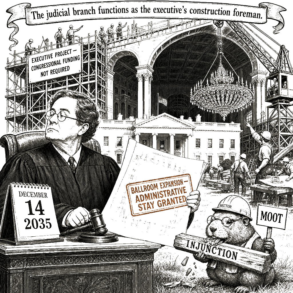 Editorial cartoon by Hector Rentier: The D.C. Circuit Is Helping Trump Build a $400 Million Illegal Ballroom