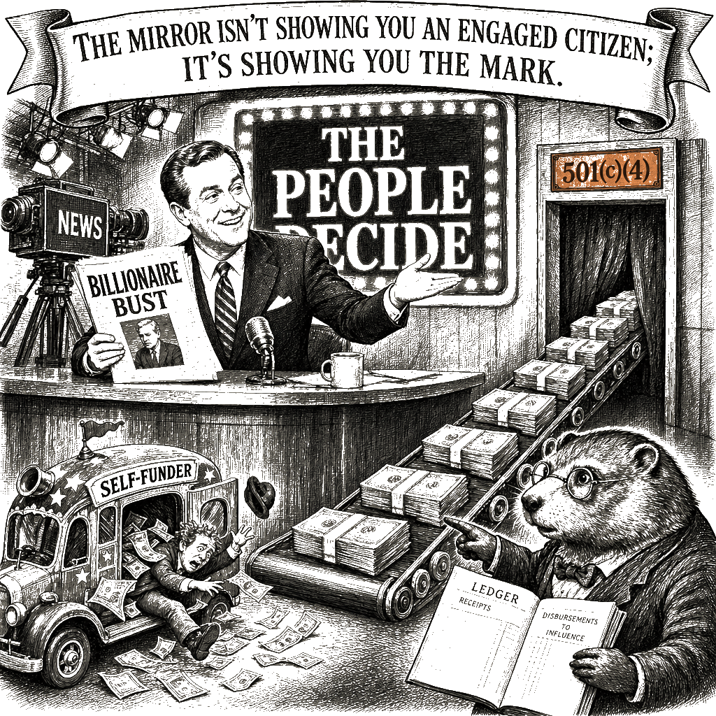 Editorial cartoon by Hector Rentier: The Donor-Class Populist Con