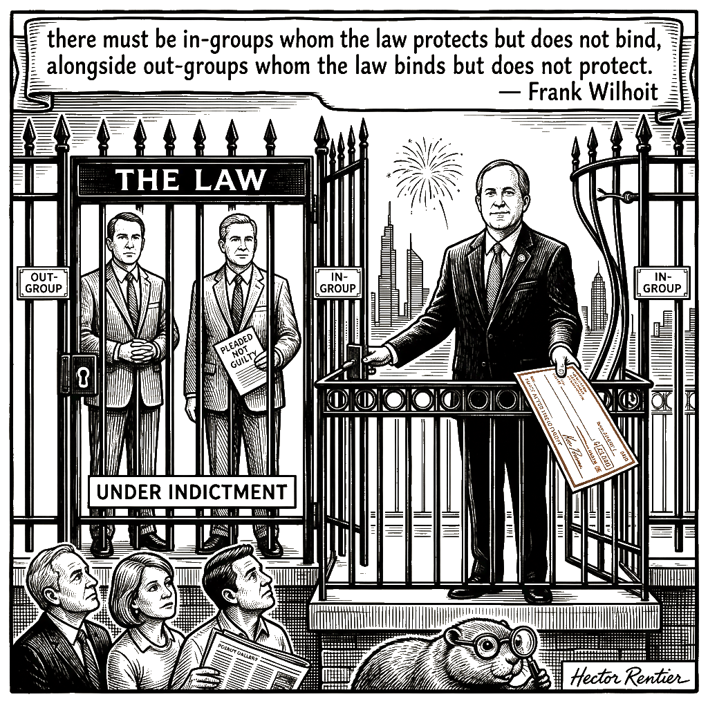 Editorial cartoon by Hector Rentier: The Donor Got a Cell. The Attorney General Got the Balcony.