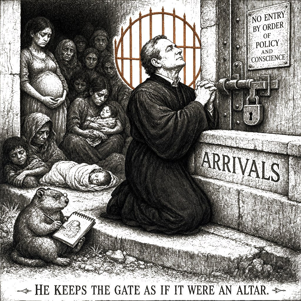 Editorial cartoon by Hector Rentier: The Door of the Magistrate at the Bridge