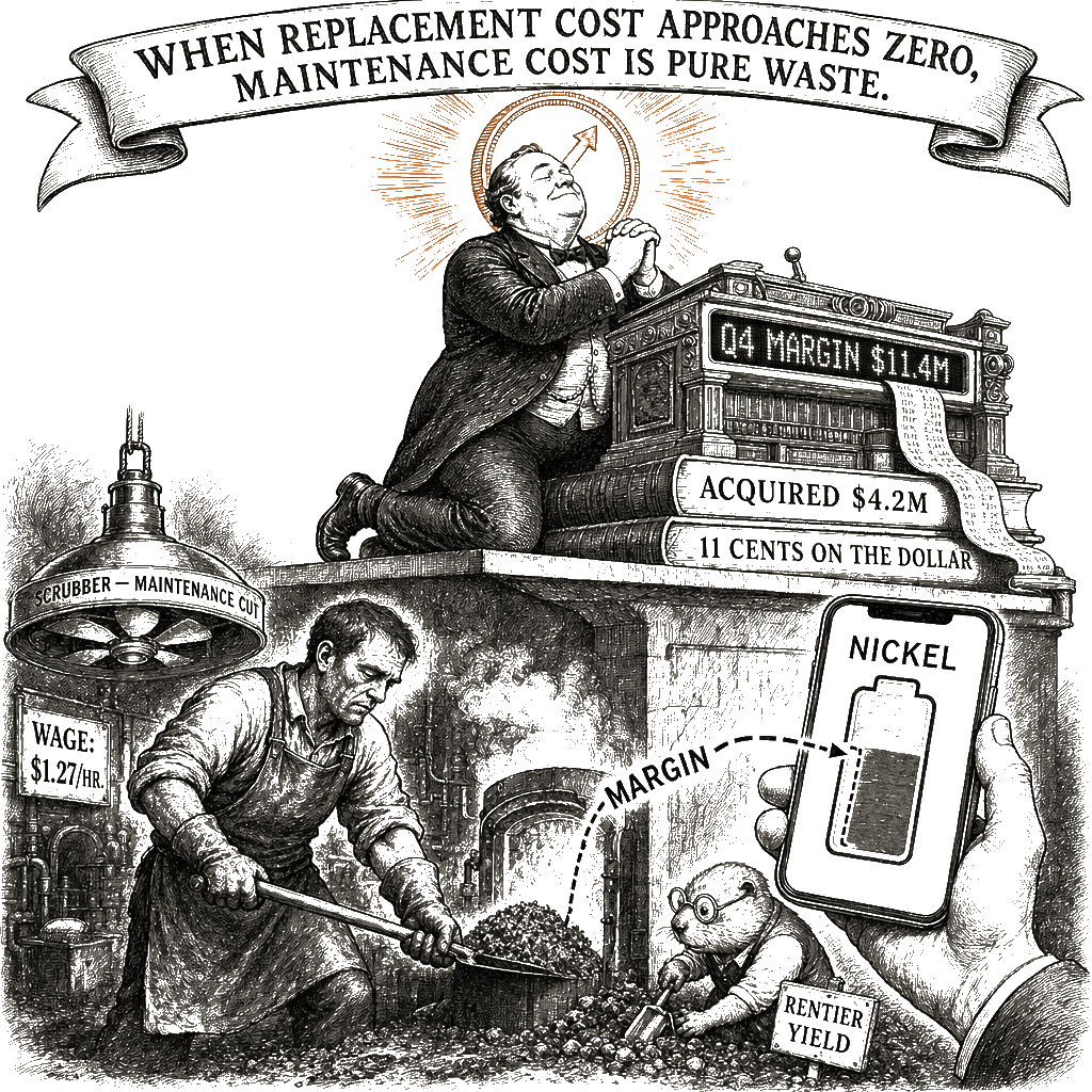 Editorial cartoon by Hector Rentier: The Empire Cut Its Own Maintenance. I Bought the Margin.