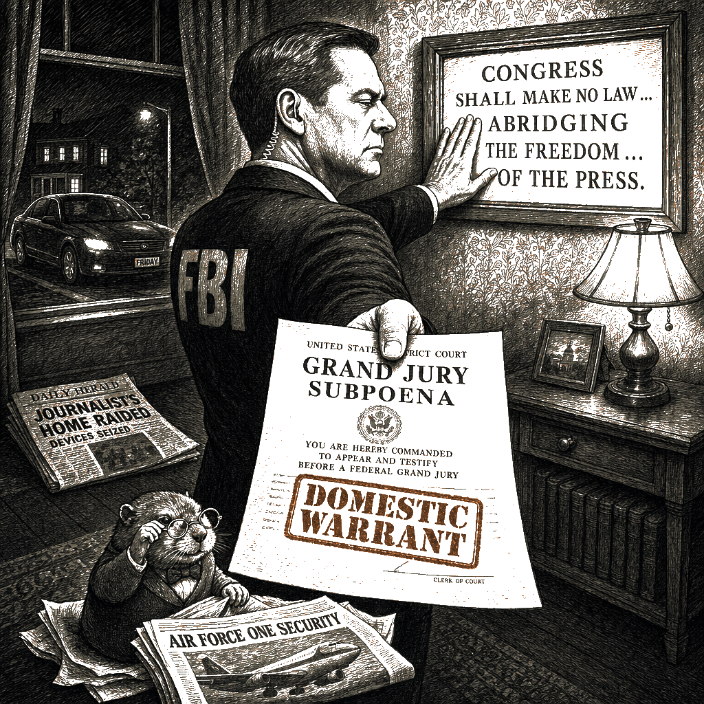 Editorial cartoon by Hector Rentier: The FBI Came to the Reporters' Homes on a Friday Night
