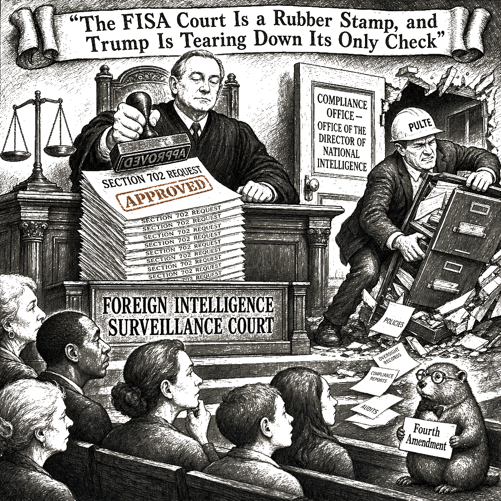 Editorial cartoon by Hector Rentier: The FISA Court Is a Rubber Stamp, and Trump Is Tearing Down Its Only Check