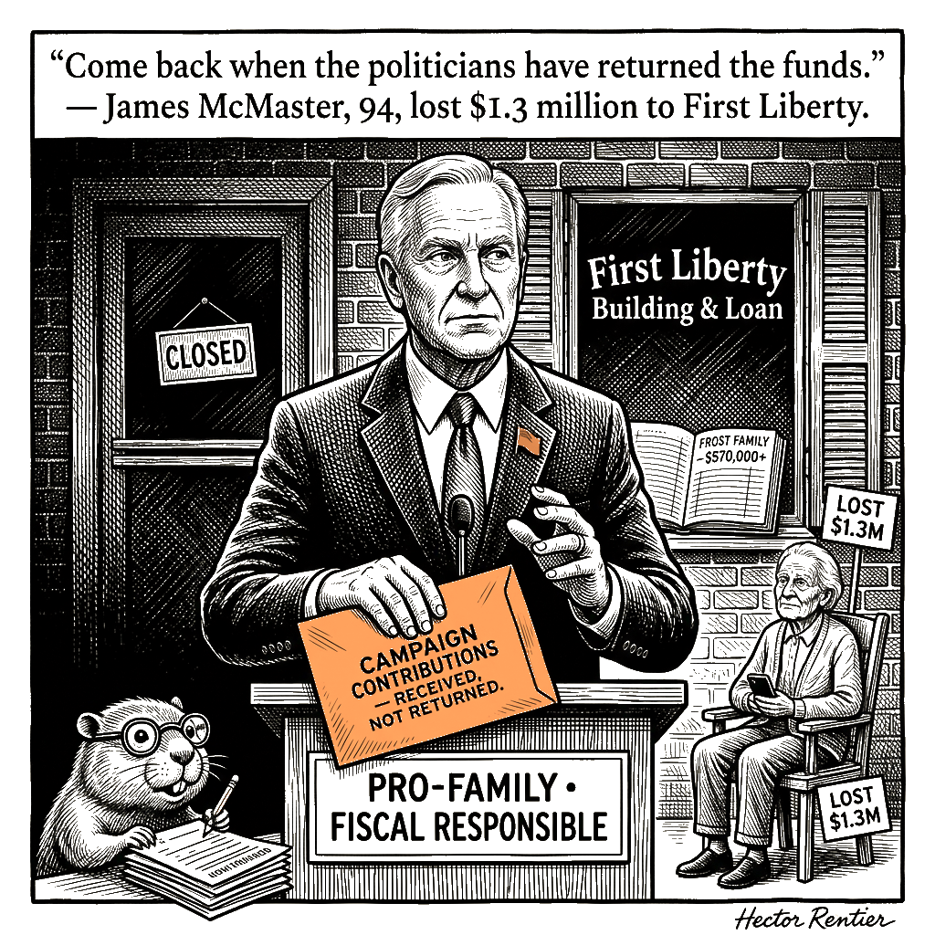 Editorial cartoon by Hector Rentier: The Frosts Stole $140 Million. The Georgia Party Kept the Money.