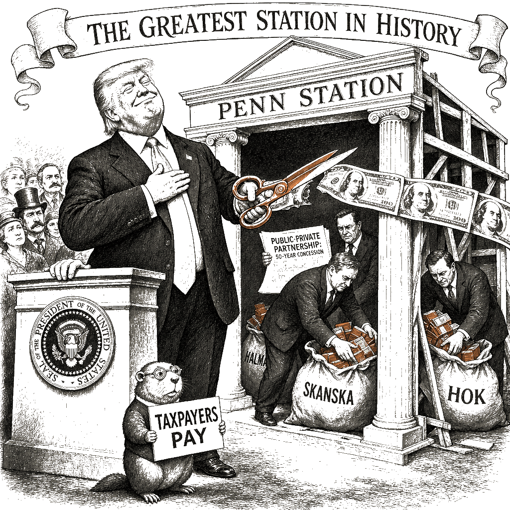 Editorial cartoon by Hector Rentier: The Greatest Station In History, Everyone Is Agreeing, A Beautiful Classical…