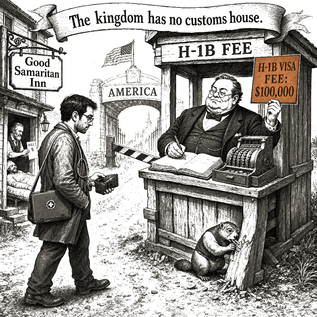 Editorial cartoon by Hector Rentier: The Hundred-Thousand-Dollar Toll on the Stranger's Right to Work