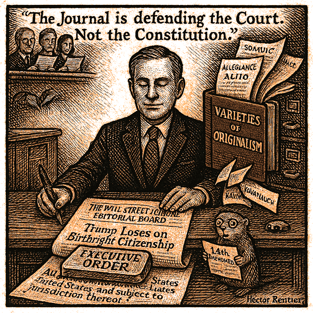 Editorial cartoon by Hector Rentier: The Journal Laundered the Originalist Fictions That Nearly Dismantled Birthright…
