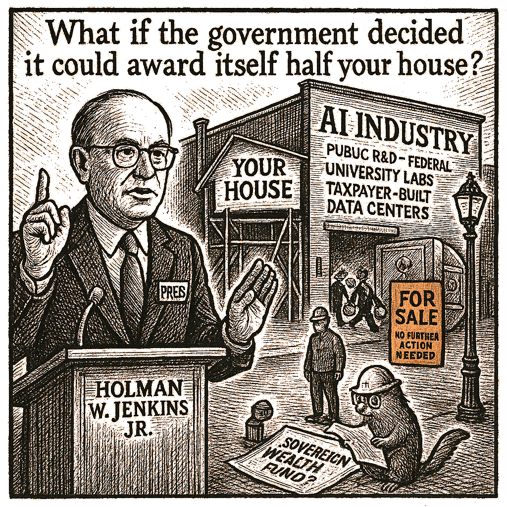 Editorial cartoon by Hector Rentier: The Journal's Contrarian Runs a Protection Racket for AI Capital — and Calls It…