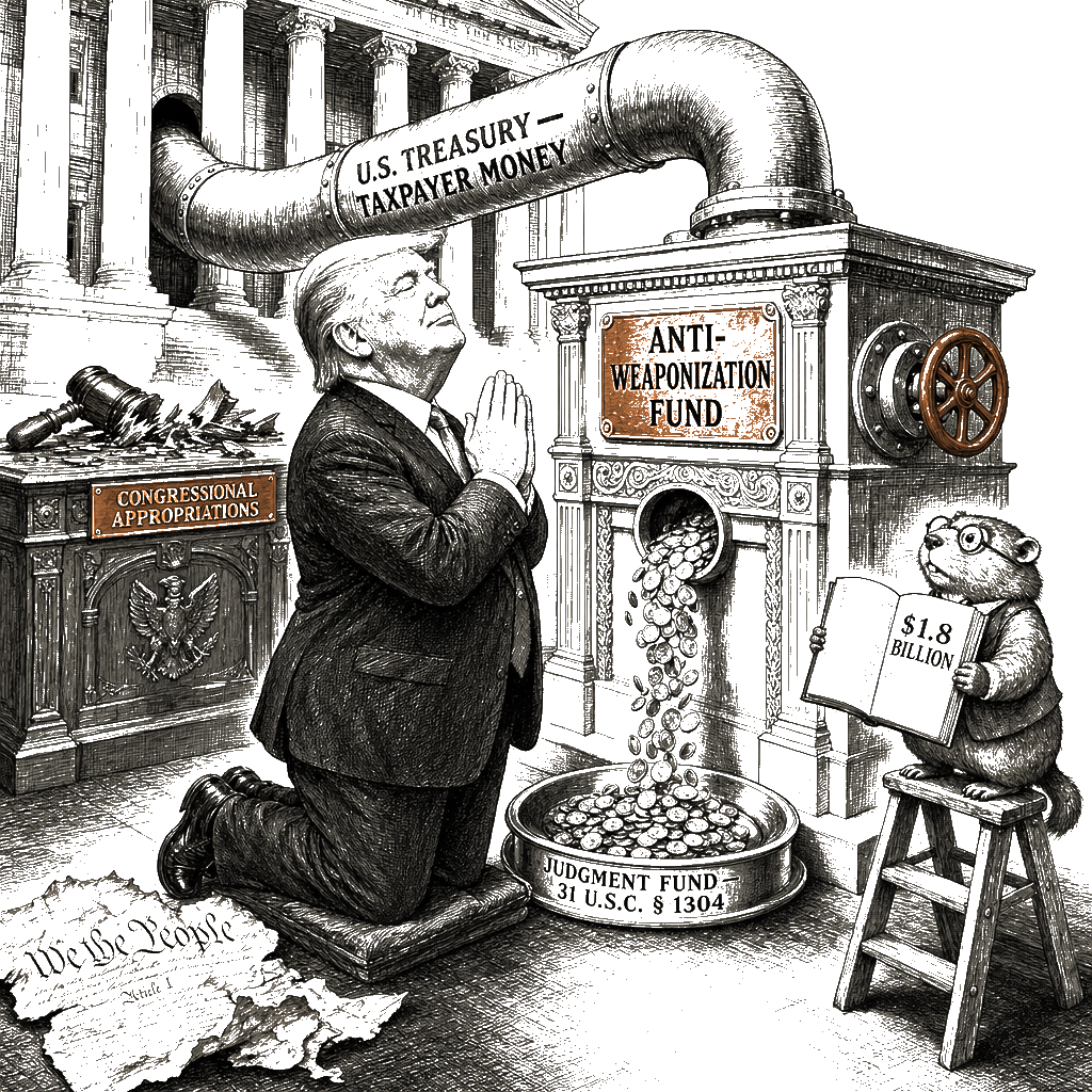 Editorial cartoon by Hector Rentier: The Justice Department Built a Presidential Slush Fund