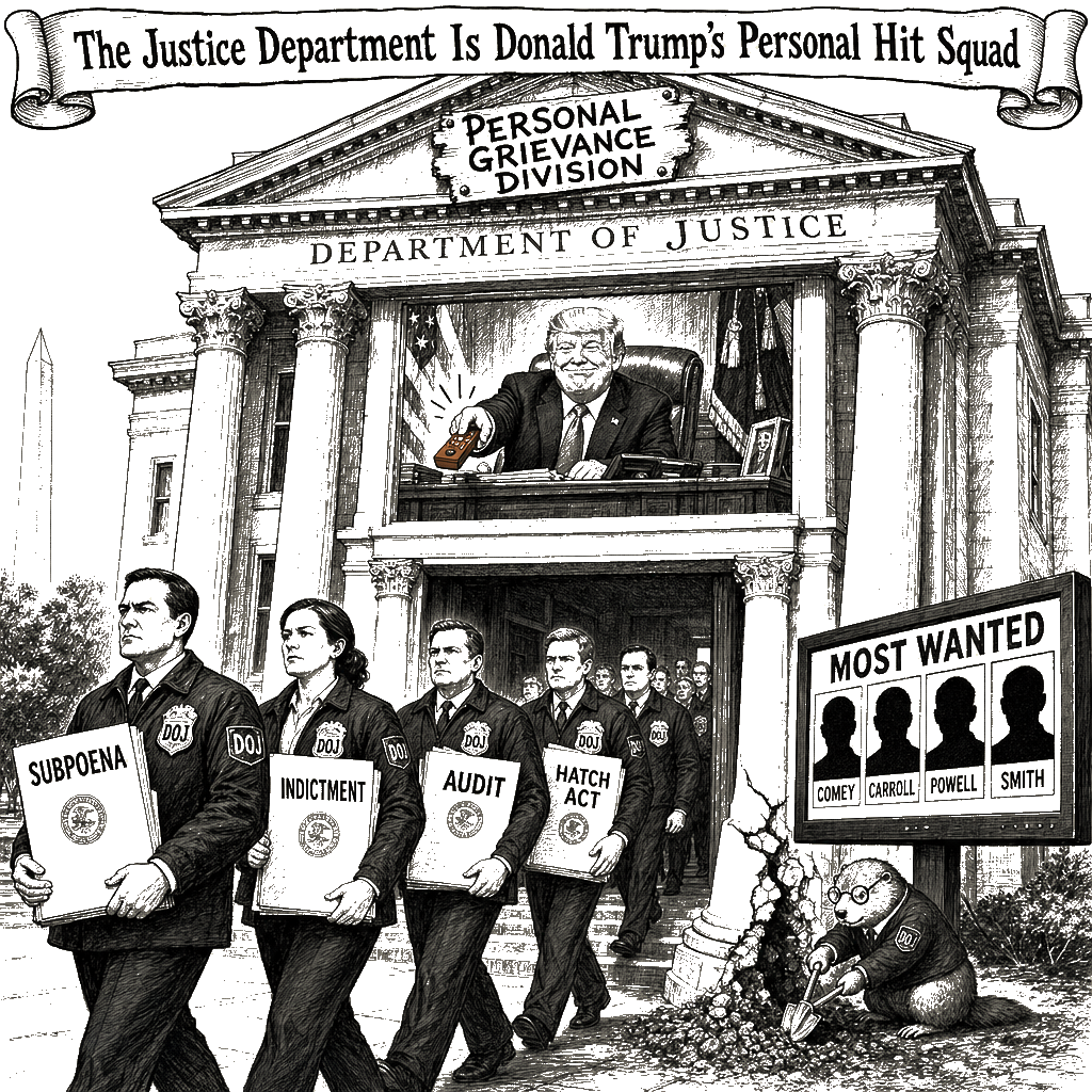 Editorial cartoon by Hector Rentier: The Justice Department Is Donald Trump’s Personal Hit Squad