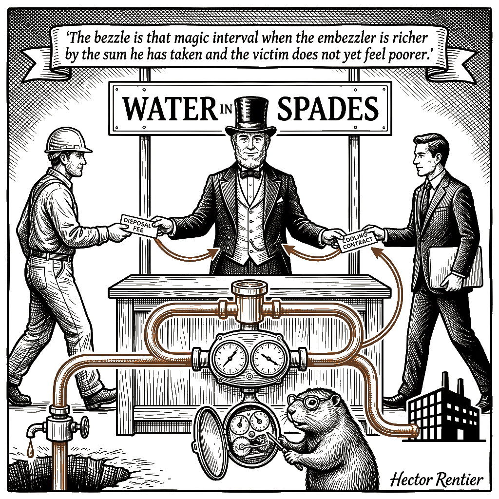 Editorial cartoon by Hector Rentier: The Oil Patch Is Selling AI the Water Nobody Wanted
