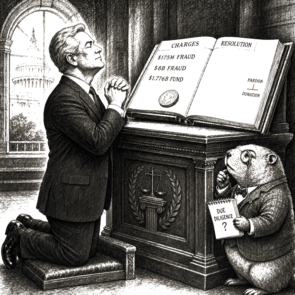 Editorial cartoon by Hector Rentier: The Pardon Market Is Open for Business, and Only the Connected Can Shop