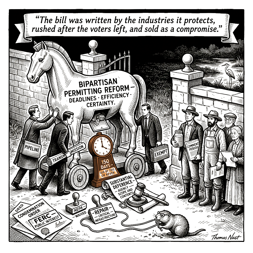 Editorial cartoon by Hector Rentier: The Permitting Bill Is a Trojan Horse for the Industries That Wrote It