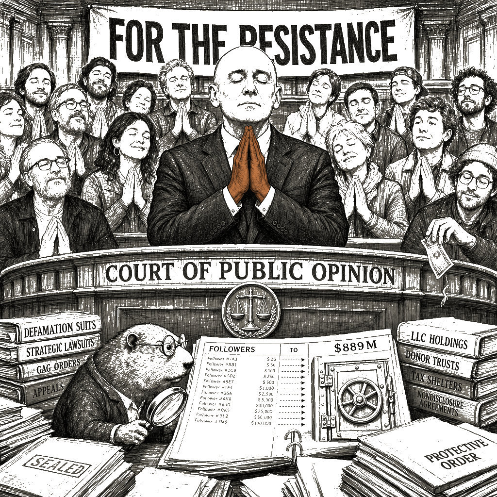 Editorial cartoon by Hector Rentier: The Persecution Profiteer, Right on Schedule