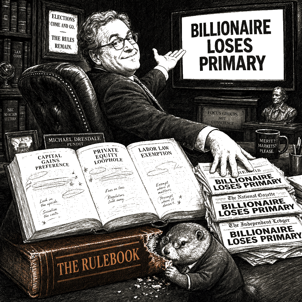 Editorial cartoon by Hector Rentier: The Real Oligarchy Isn’t Lost Elections. It’s the Rulebook.