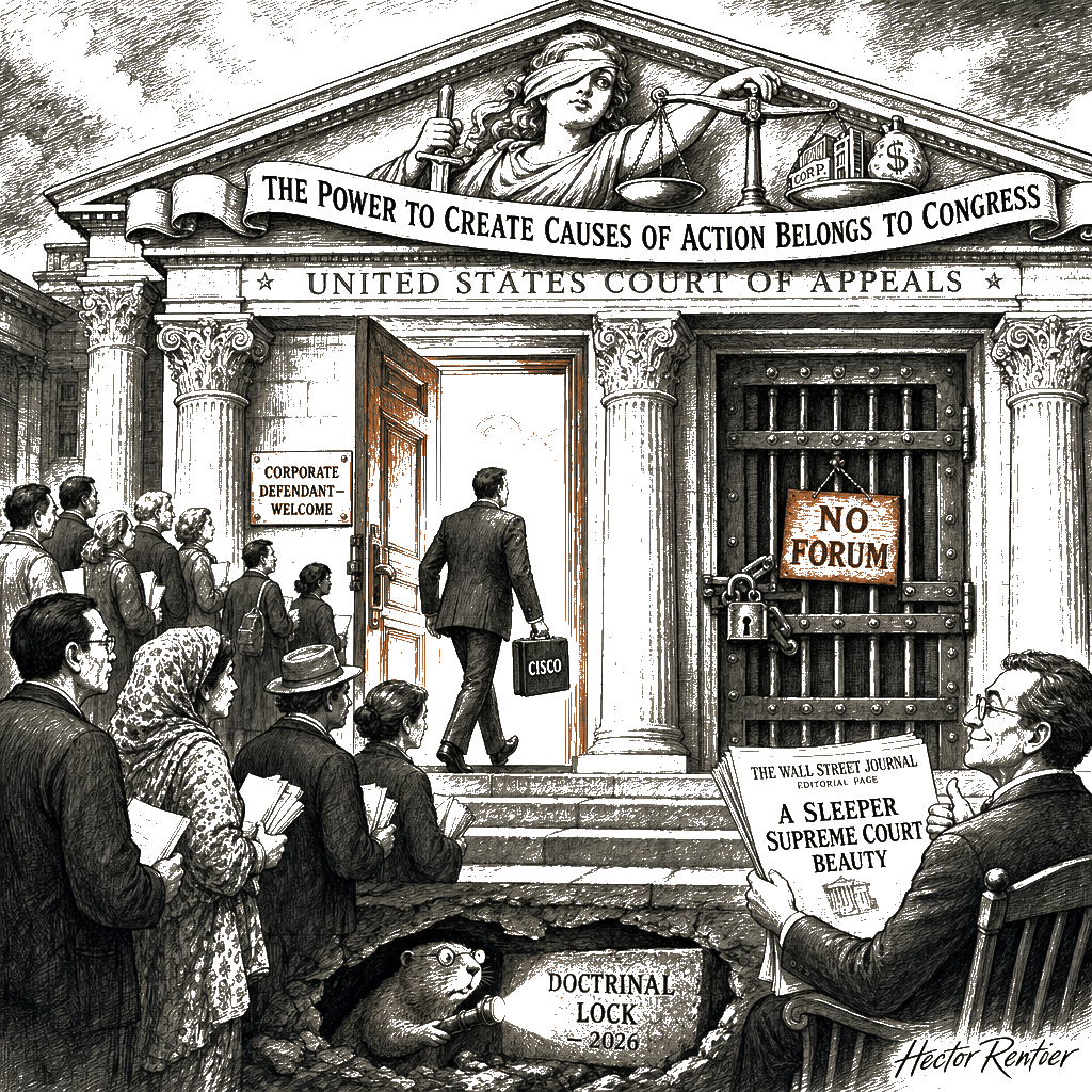 Editorial cartoon by Hector Rentier: The Roberts Court Bolted the Courthouse Shut on Falun Gong to Shield Cisco