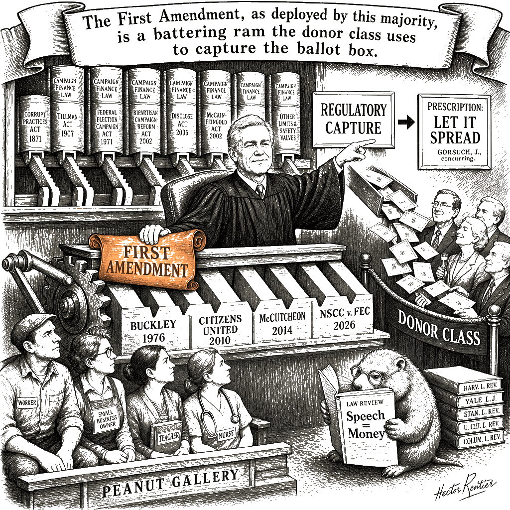 Editorial cartoon by Hector Rentier: The Roberts Court Sold the Midterms to the Donor Class