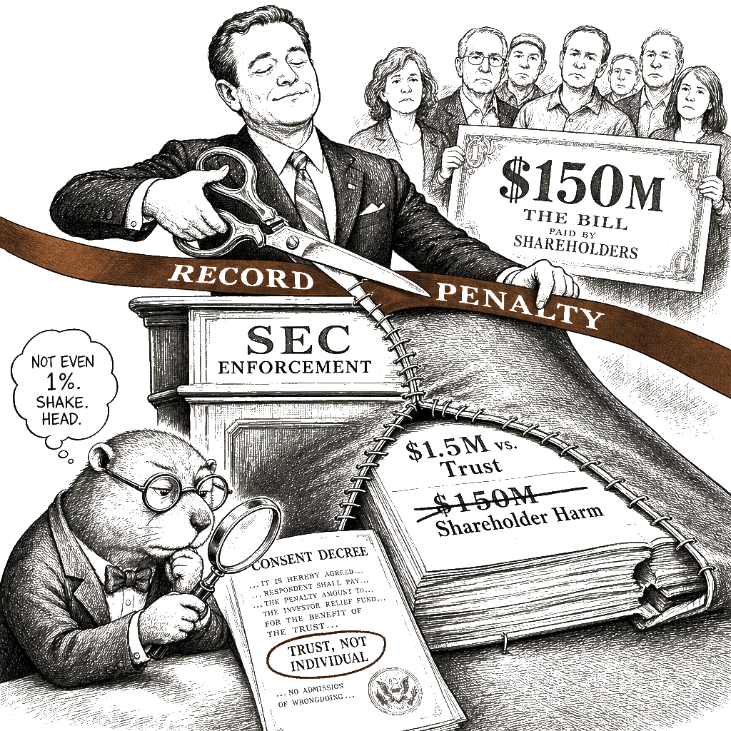 Editorial cartoon by Hector Rentier: The SEC's Musk Settlement Is a Documentary Record of Capture
