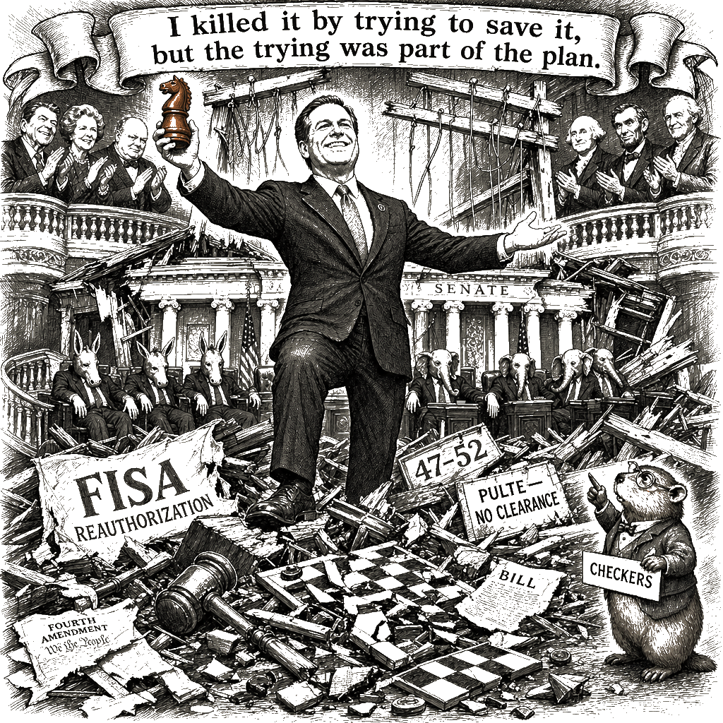 Editorial cartoon by Hector Rentier: The Senate Is Playing Checkers But I Already Won The 6‑D Chess Match On The Spy Bill