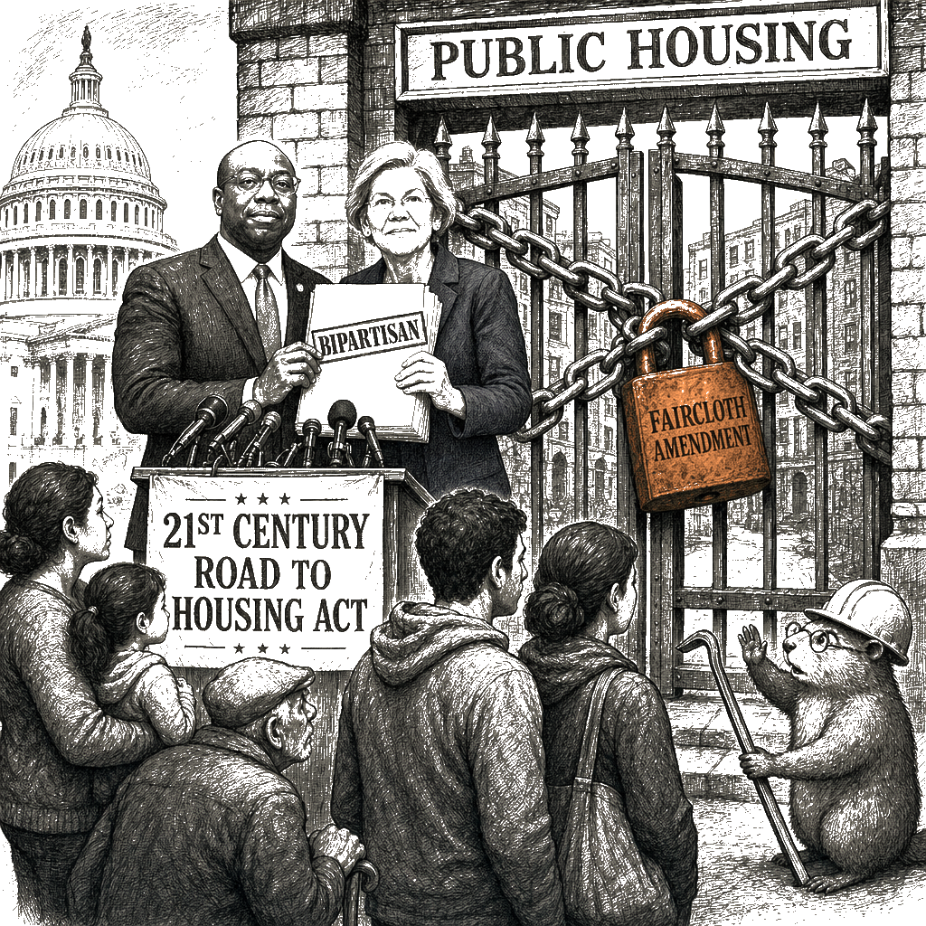 Editorial cartoon by Hector Rentier: The Senate's Housing Bill Protects the Architects of the Housing Crisis