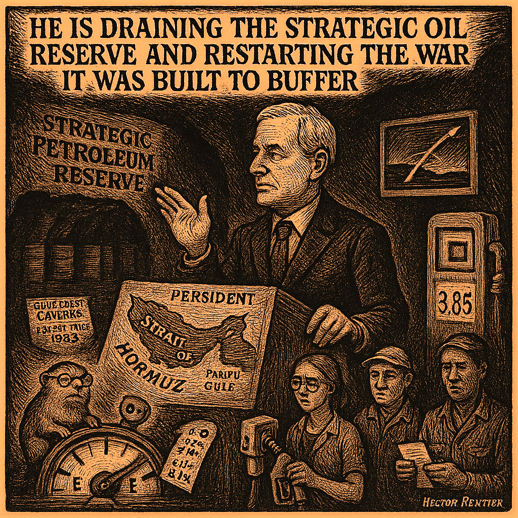 Editorial cartoon by Hector Rentier: The Shelves Are Bare and the Poor Pay for Your War