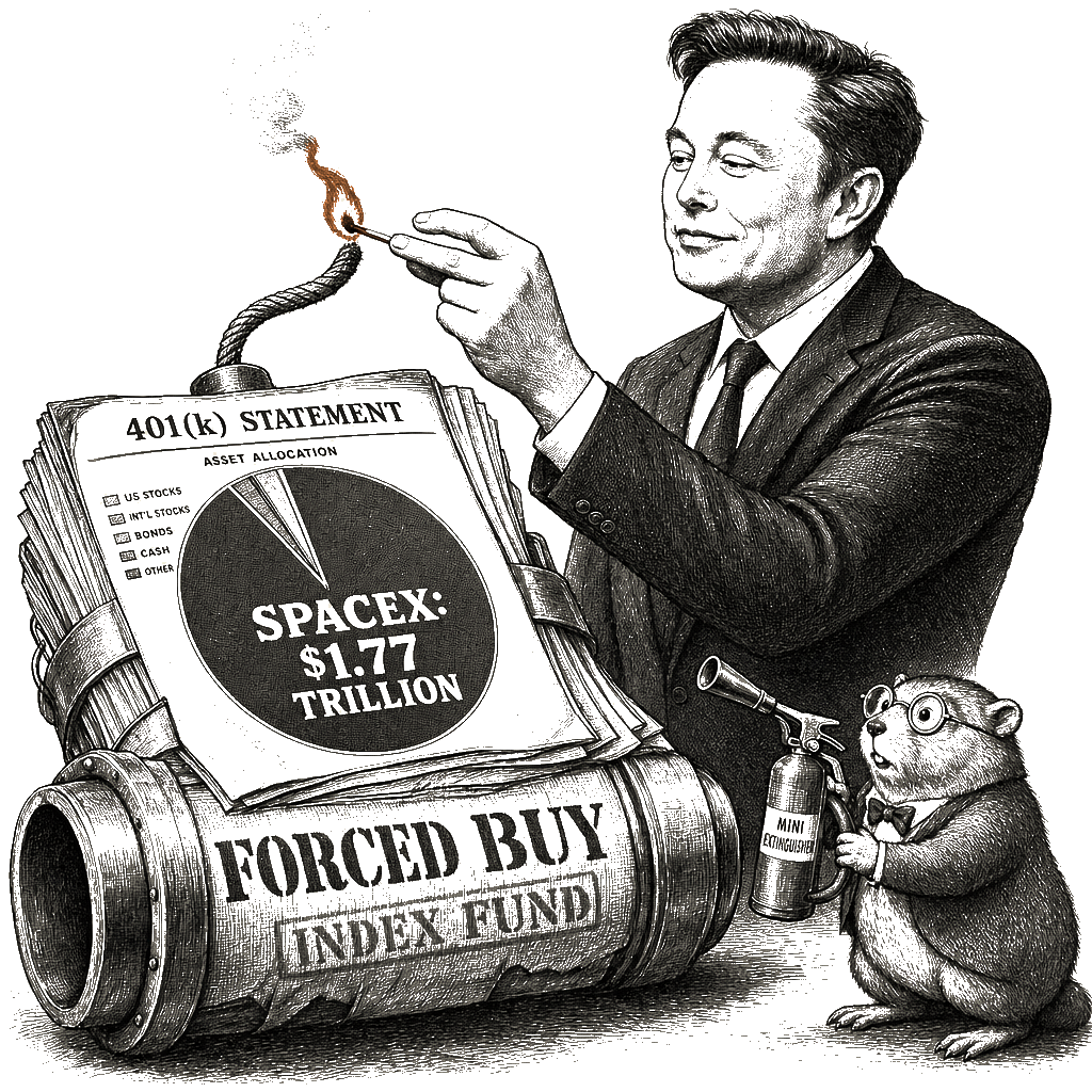 Editorial cartoon by Hector Rentier: The SpaceX IPO Is a Pension Heist, and Elon Musk Is the Hostage-Taker