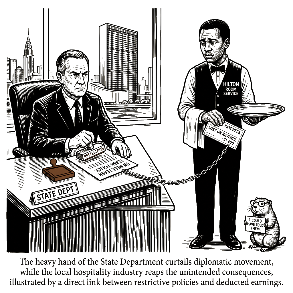 Editorial cartoon by Hector Rentier: The State Department Decides. Manhattan Workers Pay.