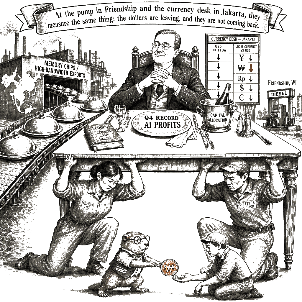 Editorial cartoon by Hector Rentier: The Strait Is Closed, AI Is Draining the Export Windfall, and Working People…