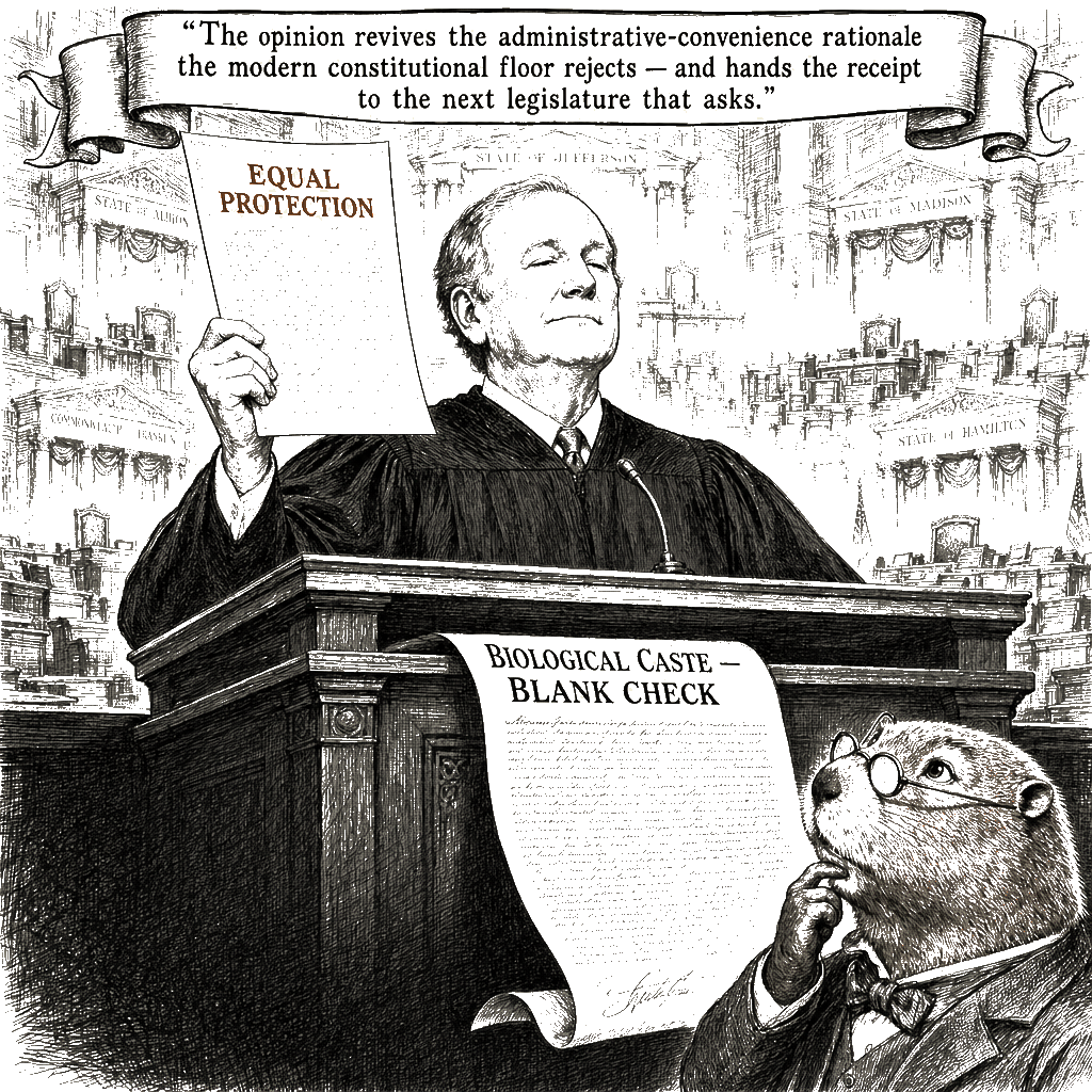 Editorial cartoon by Hector Rentier: The Supreme Court Codifies a Biological Caste, 6-3