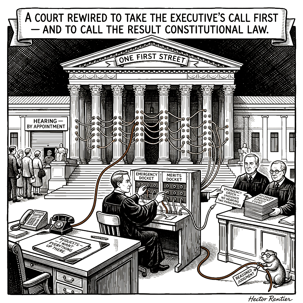 Editorial cartoon by Hector Rentier: The Supreme Court Is Now Trump's Courthouse, and This New Term Proves It