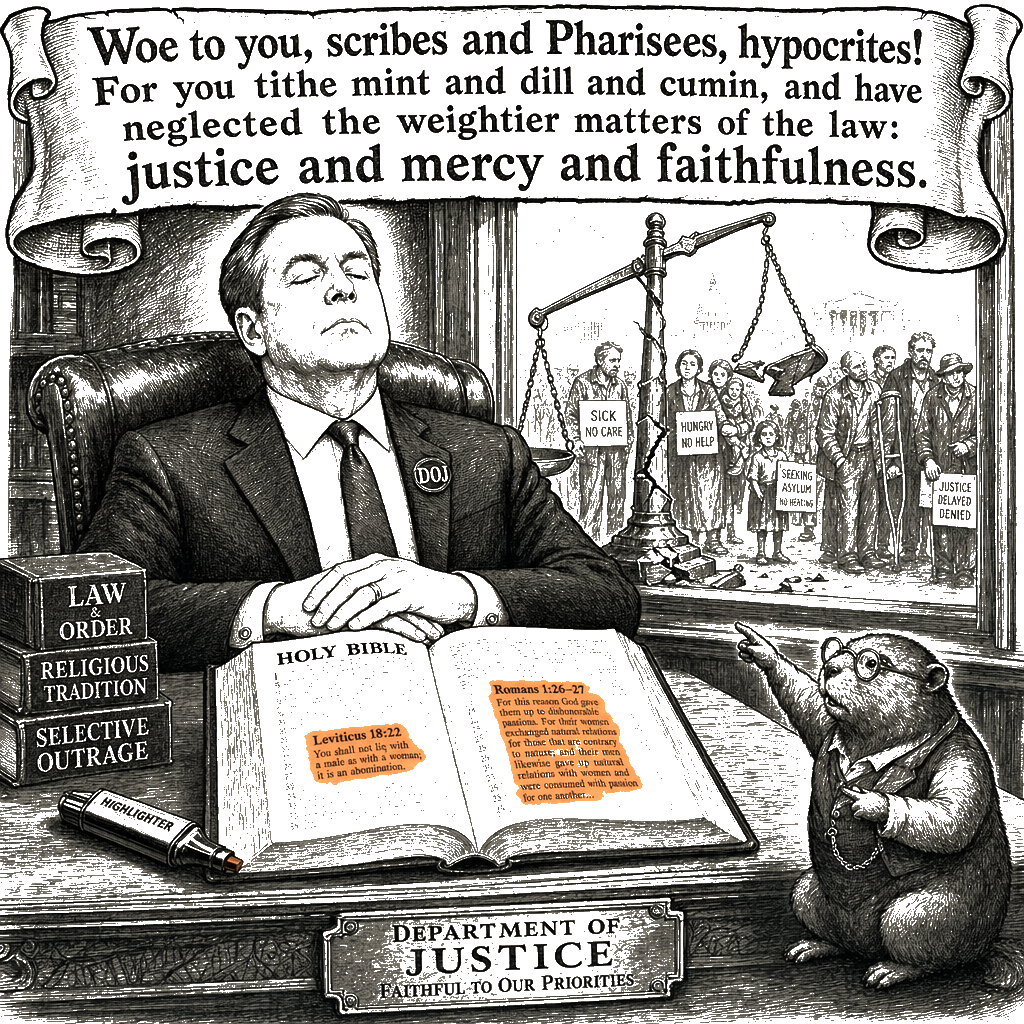 Editorial cartoon by Hector Rentier: The Trump Administration Found a Use for the Bible. It Isn't Justice.