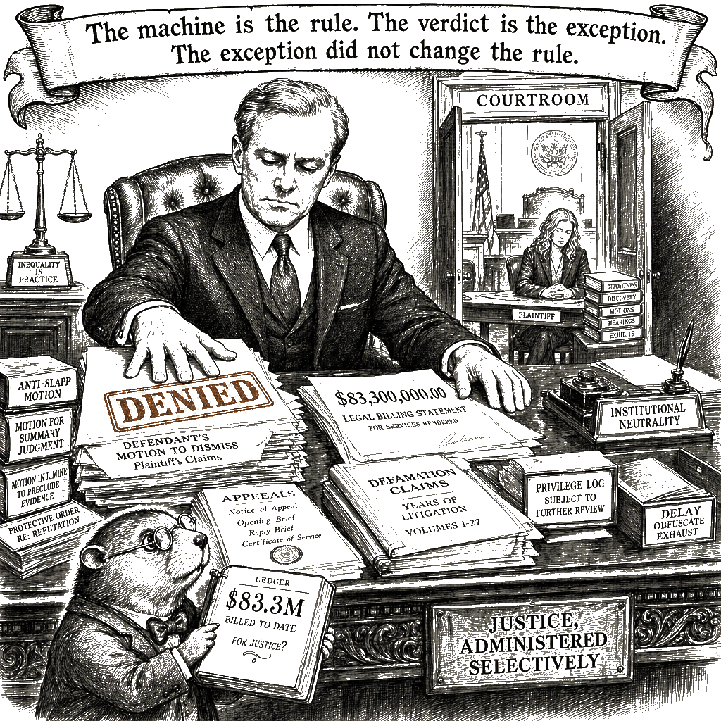 Editorial cartoon by Hector Rentier: The Verdict Survived. The President Did Not Pay.