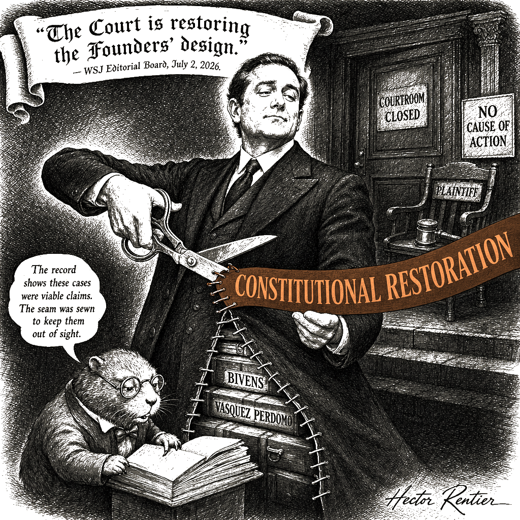 Editorial cartoon by Hector Rentier: The Wall Street Editorial Board Launders Executive Impunity As Restoration