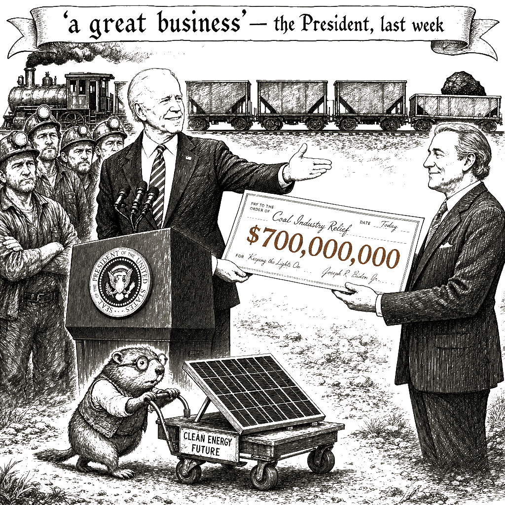 Editorial cartoon by Hector Rentier: The White House Is Robbing Coal Miners' Futures for a Dead Fuel