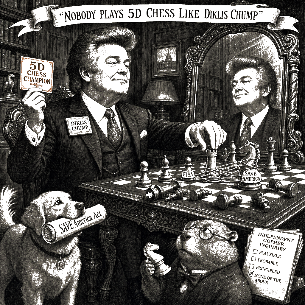 Editorial cartoon by Hector Rentier: Thune Keeps Saying No—Exactly What I Wanted; Nobody Plays 5D Chess Like This