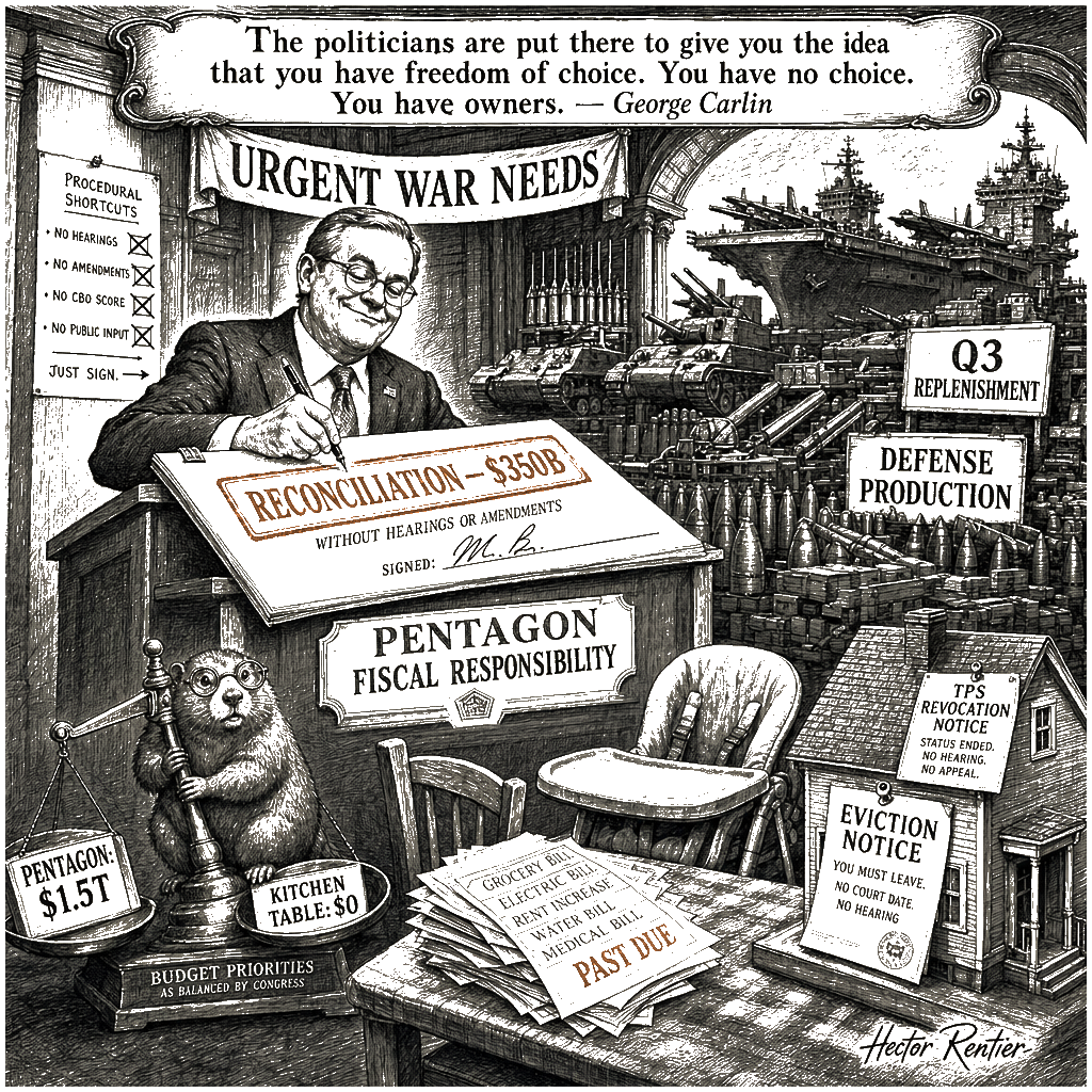 Editorial cartoon by Hector Rentier: Trillions for the Pentagon, Austerity for the Kitchen Table
