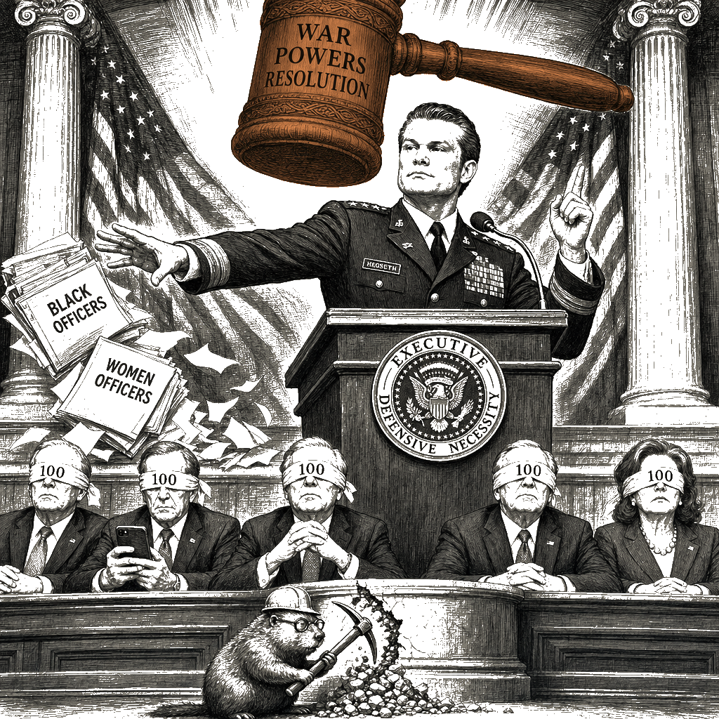 Editorial cartoon by Hector Rentier: Trump and Hegseth Are Killing People in Iran Without Congressional Approval