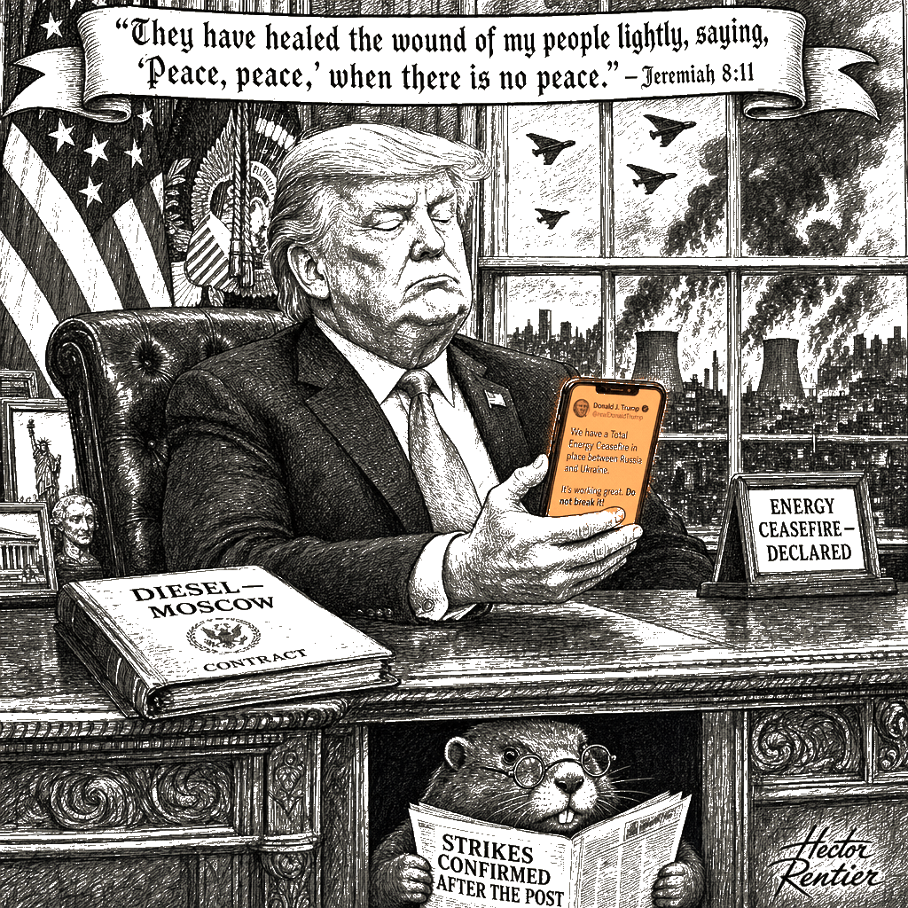 Editorial cartoon by Hector Rentier: Trump Called It a Ceasefire. Russia Kept Bombing the Power Plants.