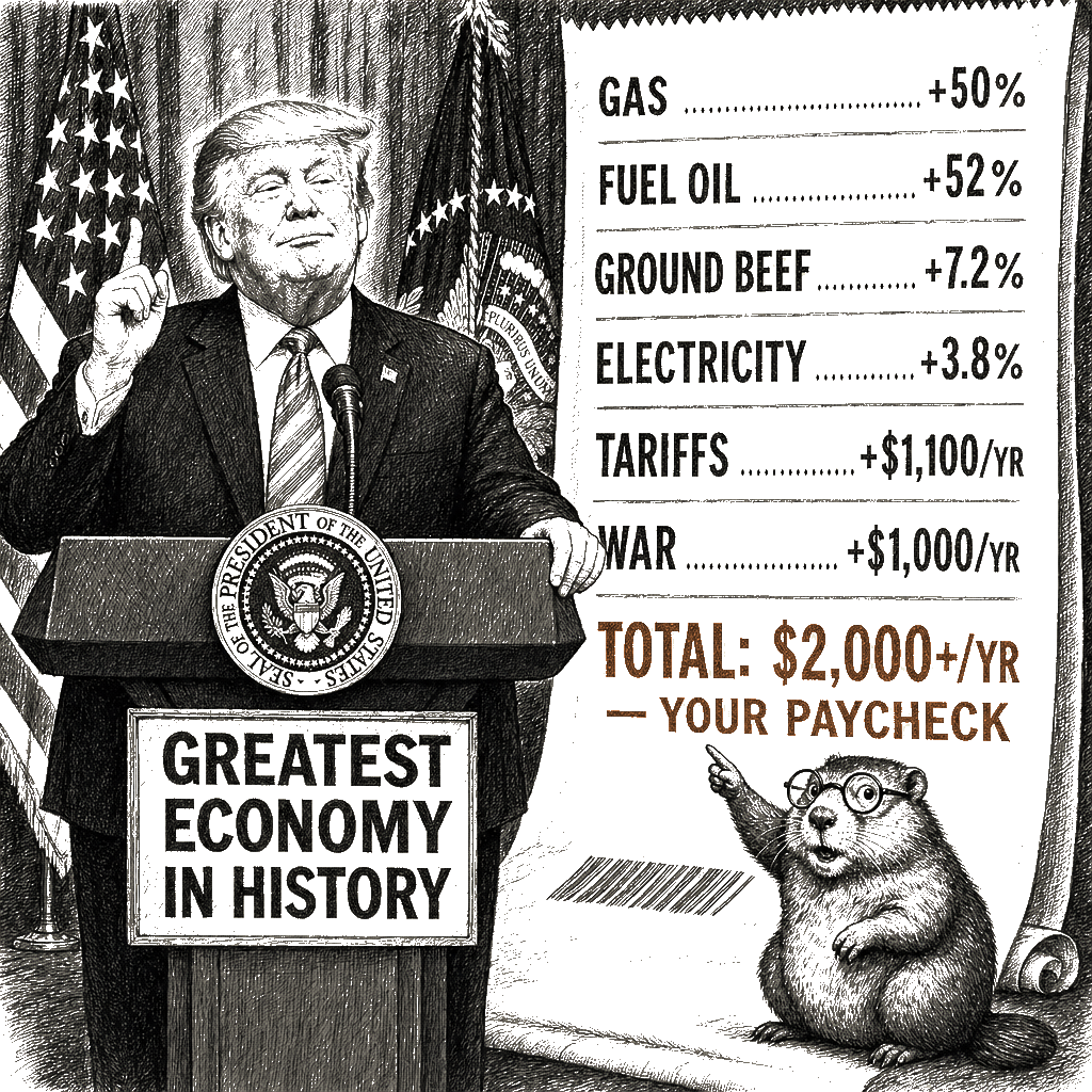 Editorial cartoon by Hector Rentier: Trump Is Gaslighting Families at the Gas Pump