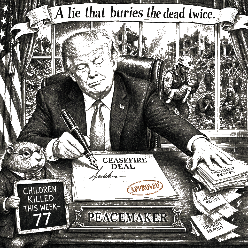 Editorial cartoon by Hector Rentier: Trump Is Killing Civilians and Calling It Diplomacy