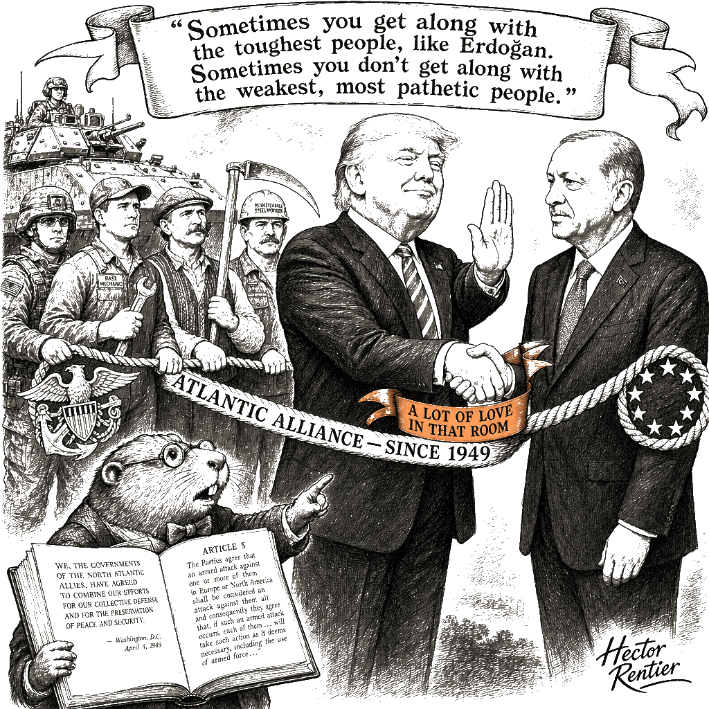 Editorial cartoon by Hector Rentier: Trump Is Pawning the Atlantic Alliance for a Dictator's Affection