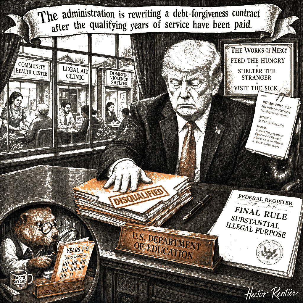 Editorial cartoon by Hector Rentier: Trump Is Stealing Public Servants' Debt Relief to Defund Their Nonprofits
