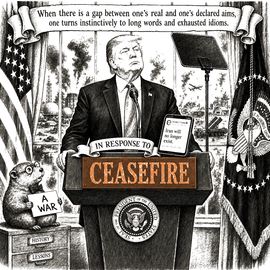 Editorial cartoon by Hector Rentier: Trump Is Waging a Strike War on Iran and Calling It a Ceasefire