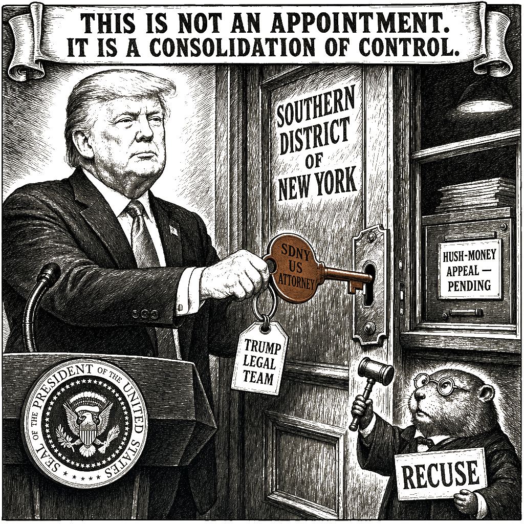 Editorial cartoon by Hector Rentier: Trump Just Handed the Keys of the Federal Prosecution Office That Once Investigated…
