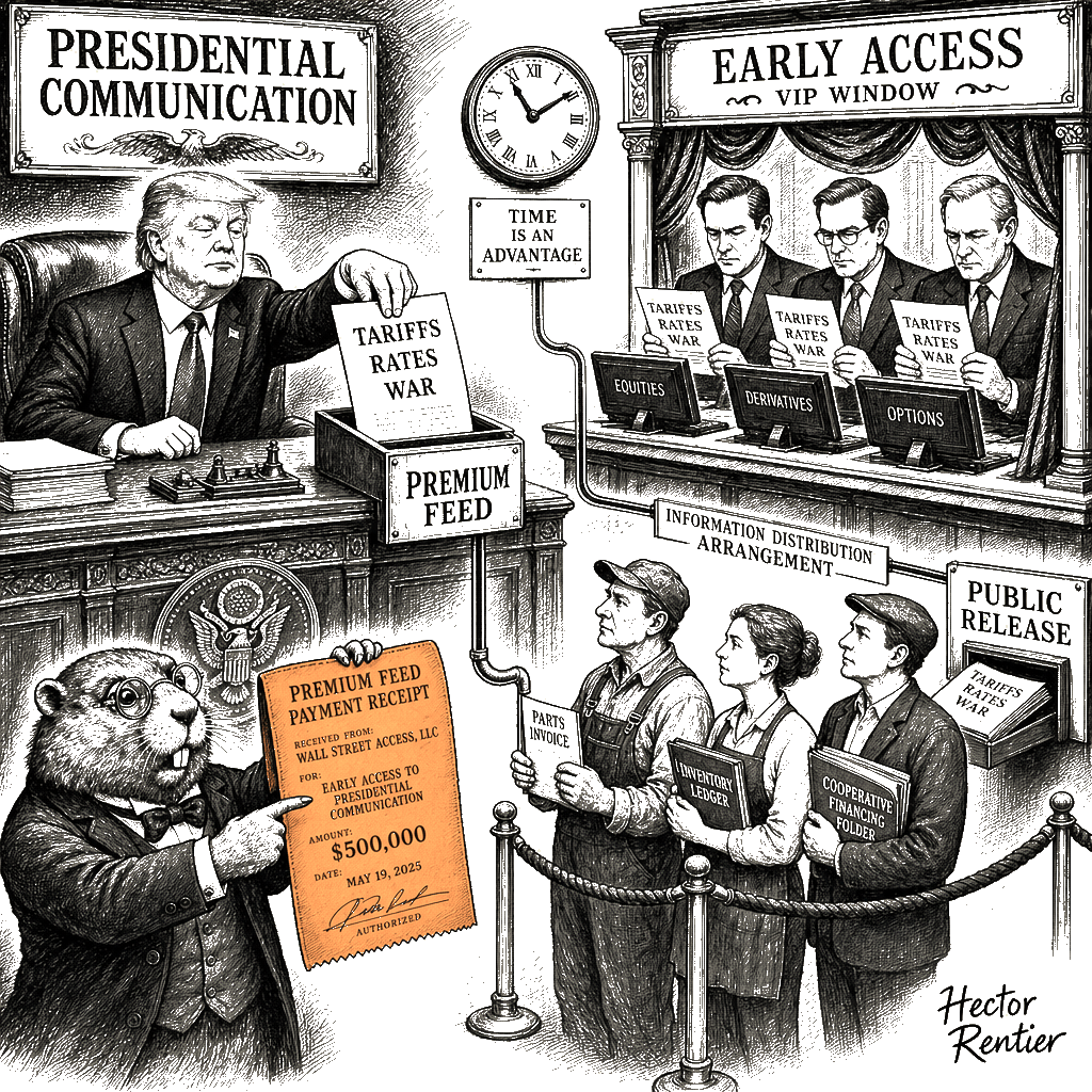 Editorial cartoon by Hector Rentier: Trump Media Sells Early Access to Presidential Posts for Private Gain