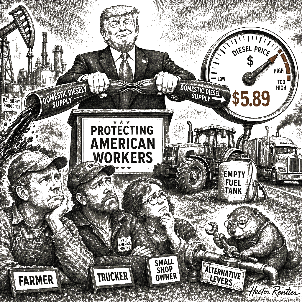 Editorial cartoon by Hector Rentier: Trump Raises Diesel Prices by Threatening an Export Ban